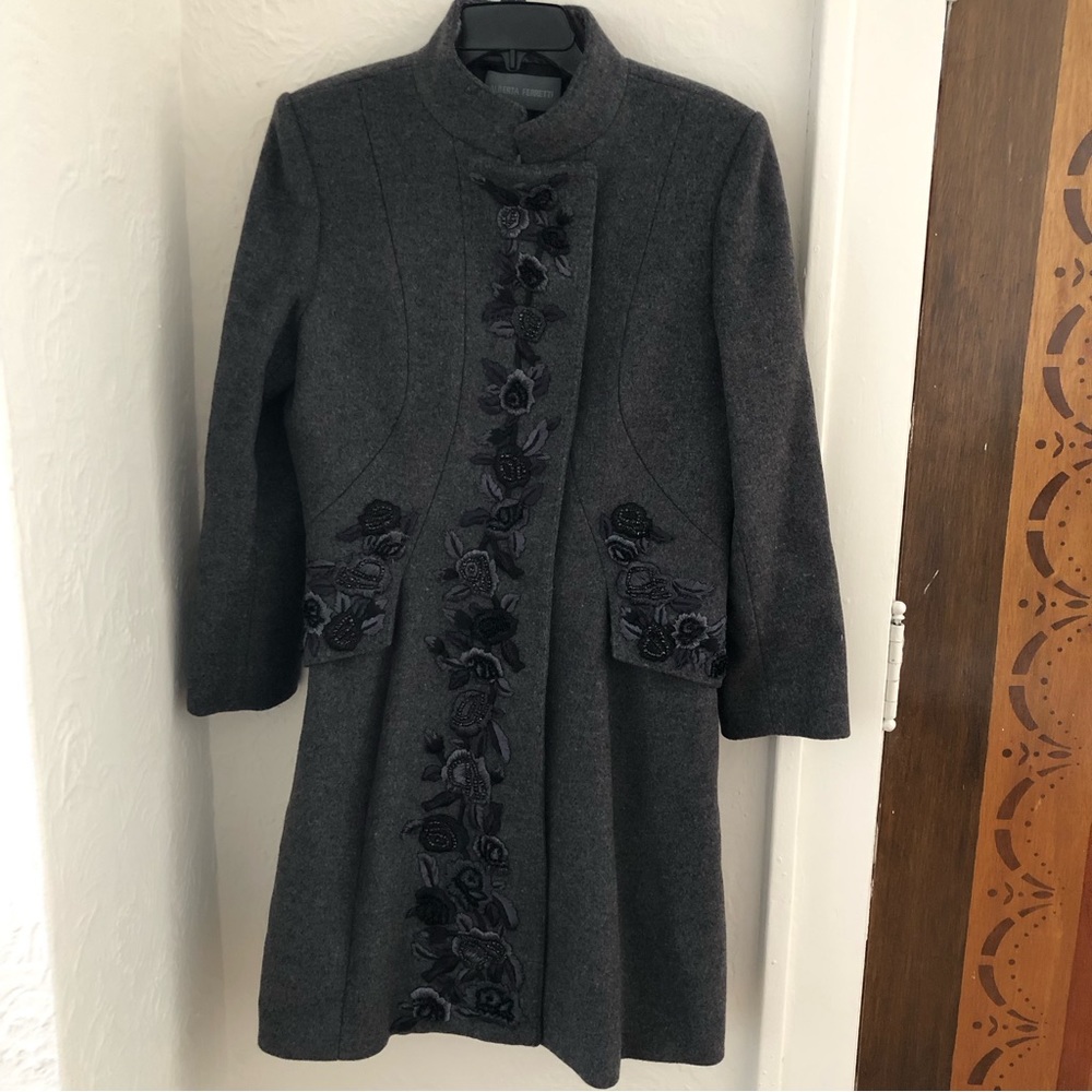 Alberta Ferretti Charcoal Pea Coat with Black Embroidery